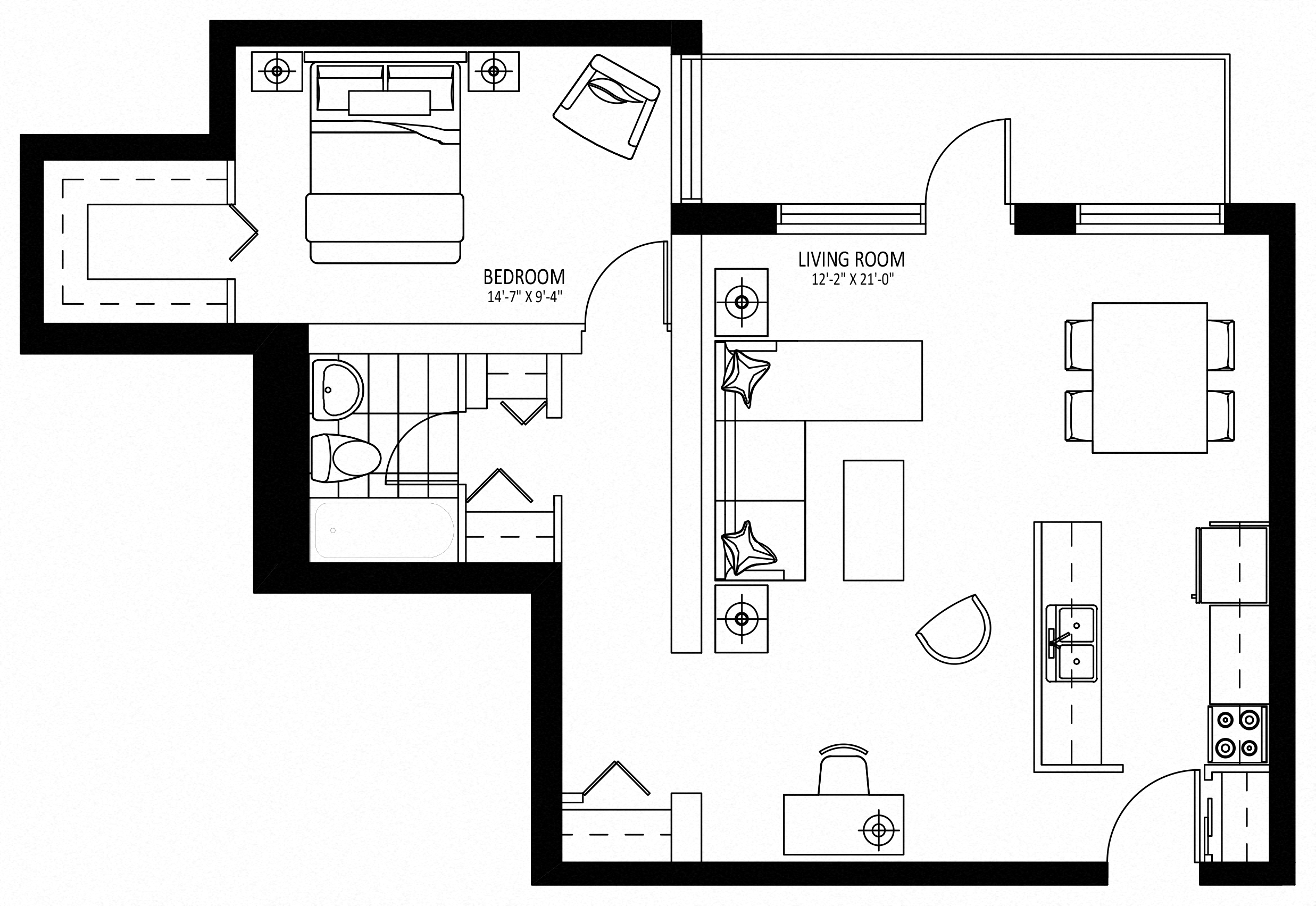 Floor plan for 1 bed, 1 bath, 840 sqft